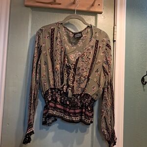 Olive Floral Blouse with Tie-Front , Cropped Style